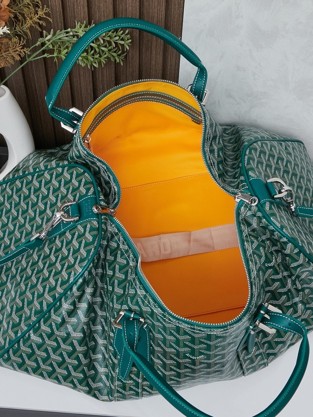 Goyard Green Chevron Travel Duffel with Yellow Interior